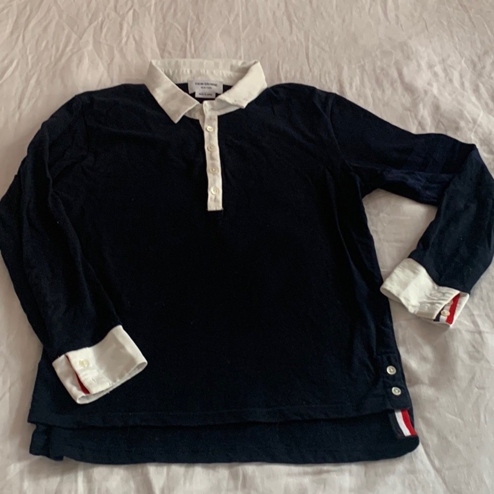 Thom Browne Long Sleeved Navy Polo | Made in Japan